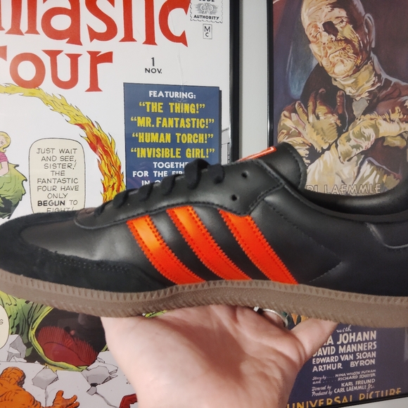 Adidas Originals Sambas Black Leather with Neon (glow) Orange Stripes Size 11 - Picture 5 of 5